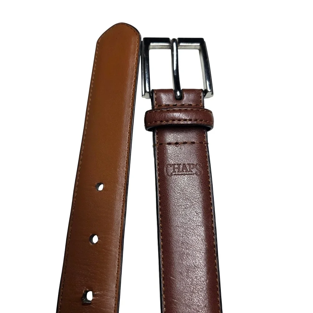 Chaps Mens Brown Leather Belt Silver Buckle Size 38 4700290971 11863